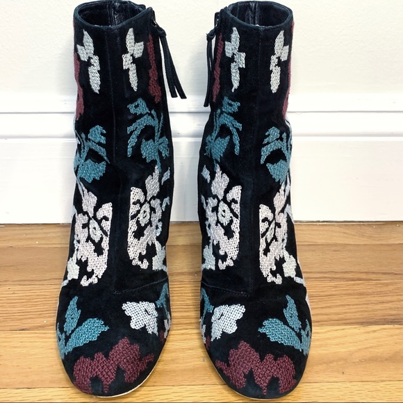 Vintage Rebecca Minkoff Floral Embroidered Suede Chunky Heel Ankle Boot - Picture 2 of 6